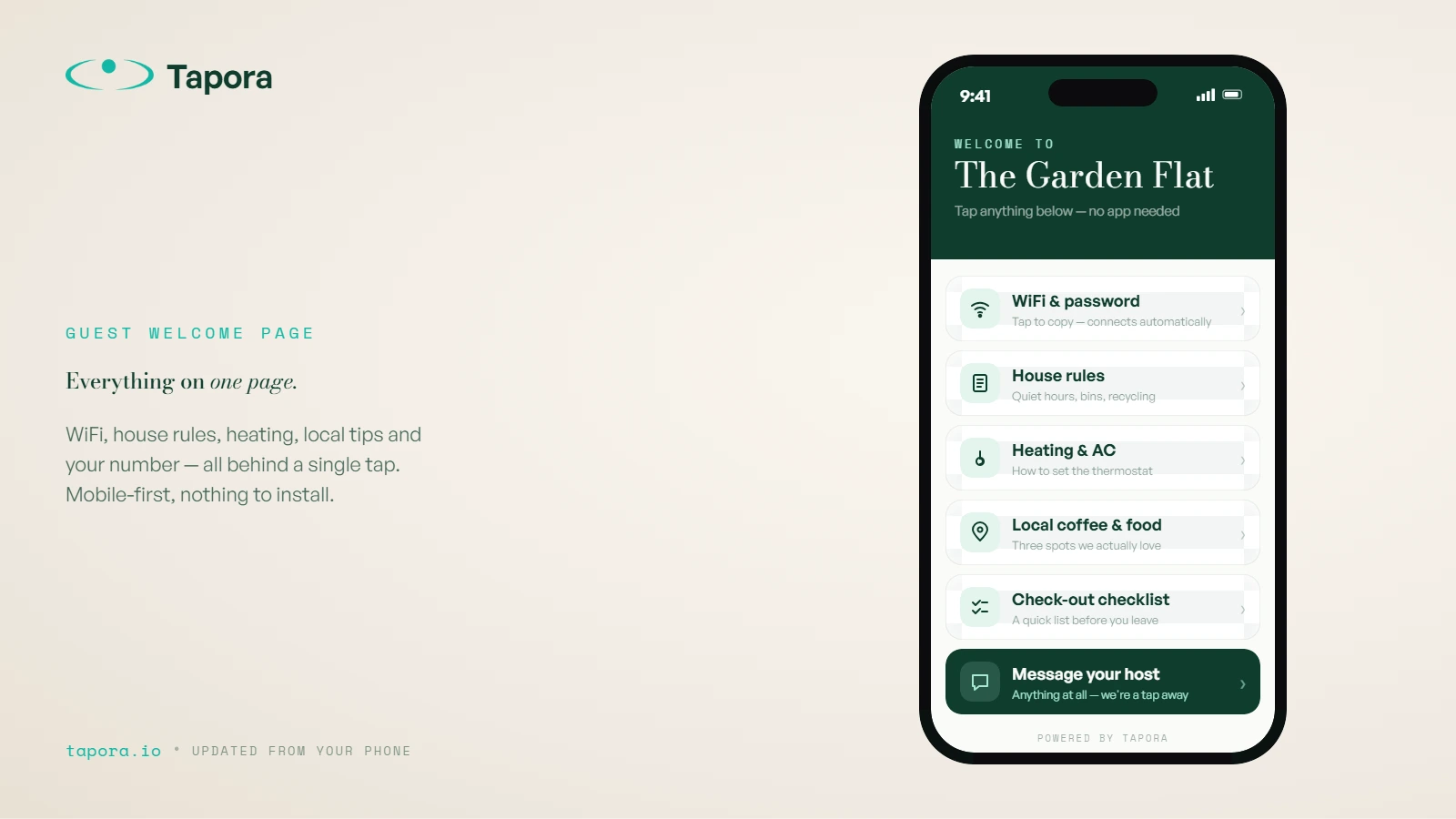 Phone screen mockup — guest welcome page — Mobile screen showing a clean multi-link page: WiFi, House Rules, Local Spots, Contact Host. Tapora brand styling.