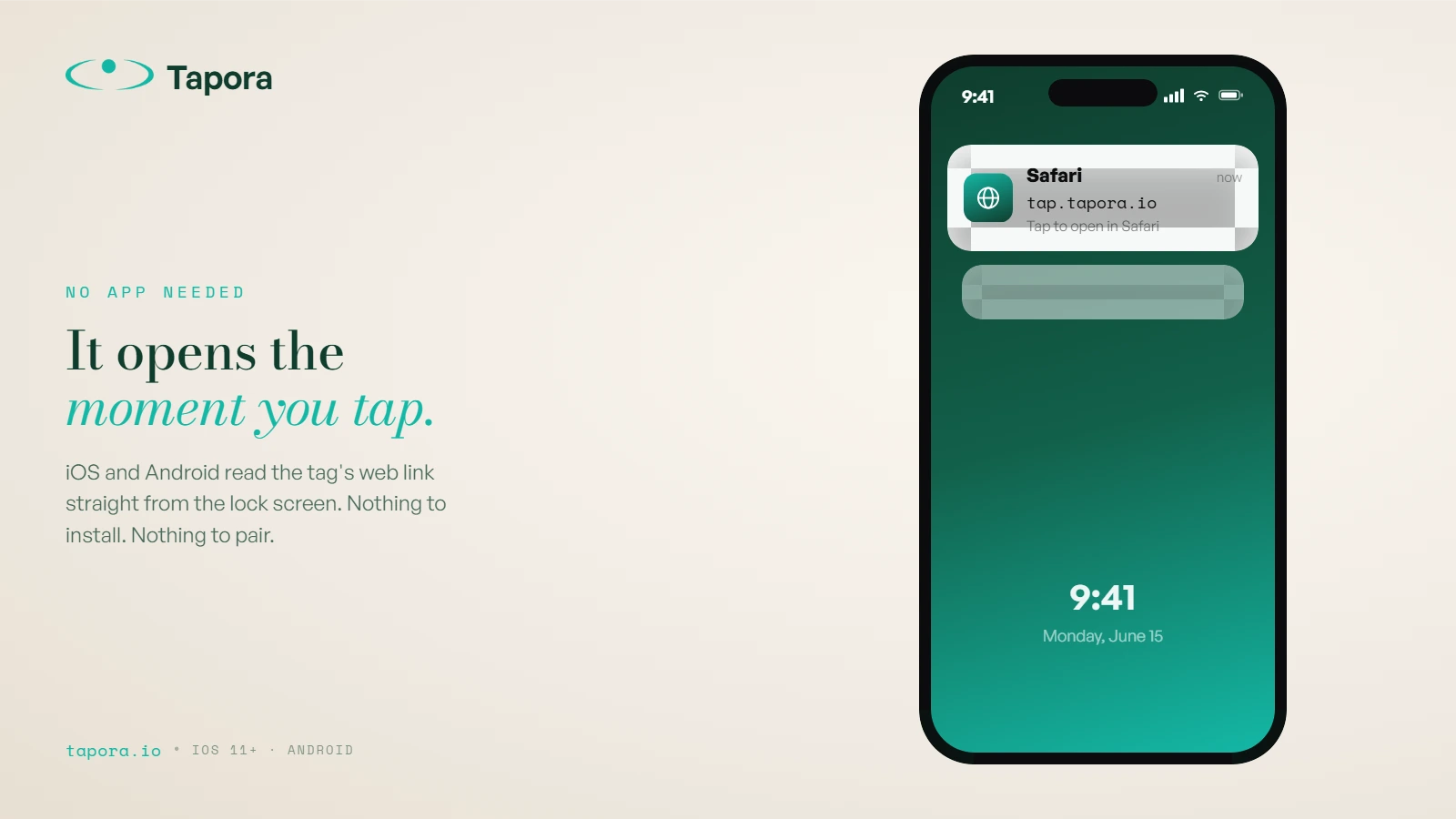Lifestyle — close-up of NFC notification on phone screen — Real phone screen showing a `tap.tapora.io` URL popup the instant a tag is tapped. Demonstrates the "no app" experience.