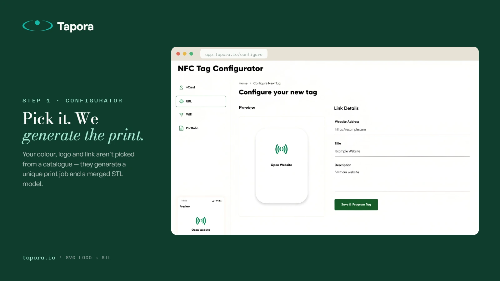 Configurator screenshot — Real screenshot of the product configurator showing colour and logo selection.