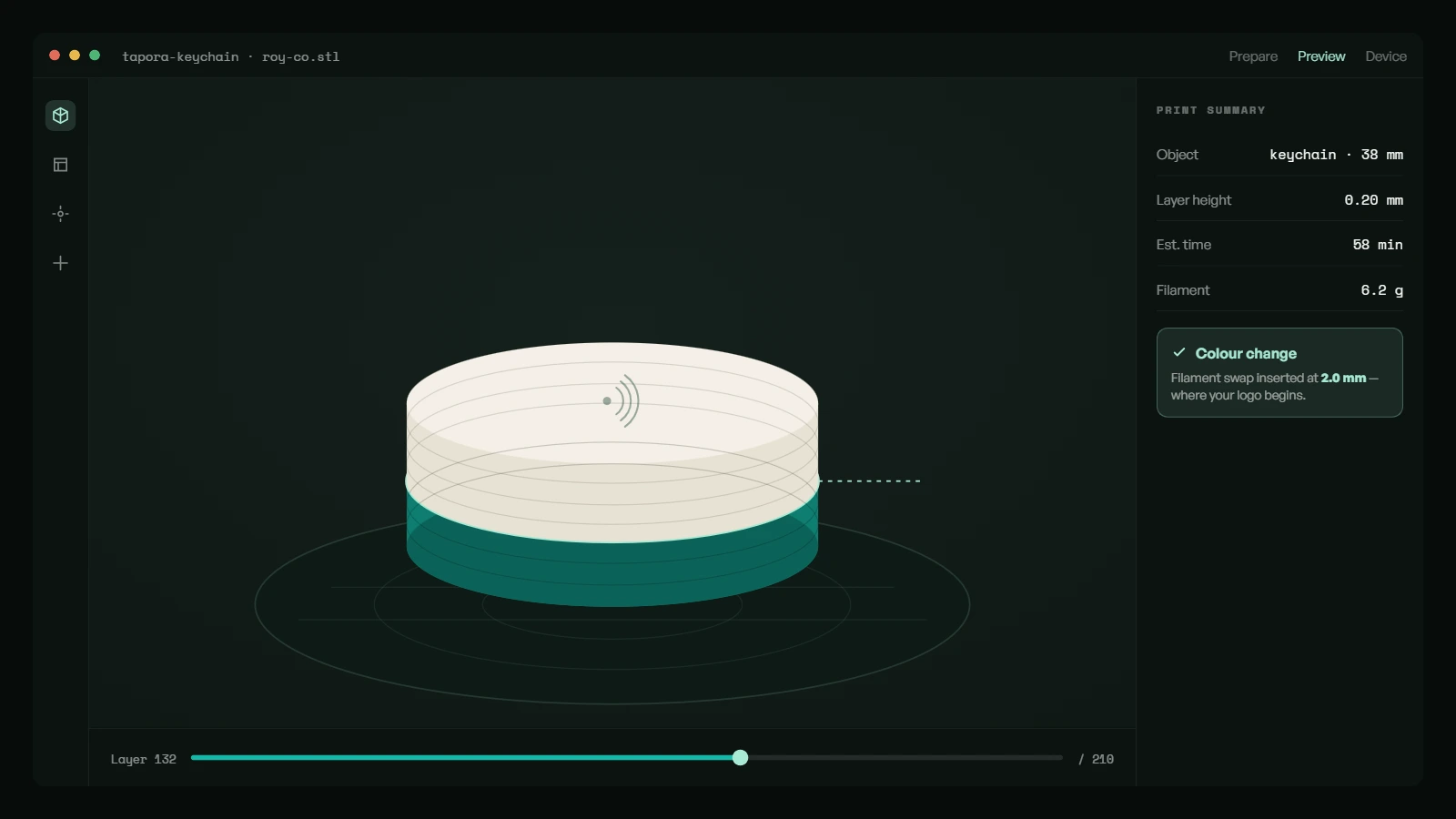 Slicing screenshot — OrcaSlicer interface — Screenshot of OrcaSlicer with a Tapora model loaded, showing the colour-change layer highlighted.