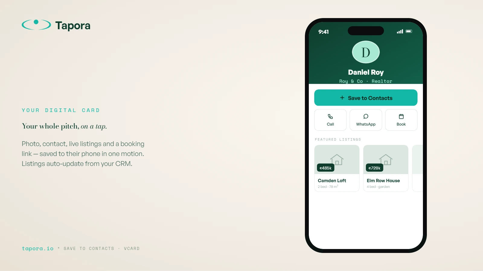 Phone screen — agent landing page mockup — Mobile screen showing agent profile: photo, name, contact buttons, listings carousel.