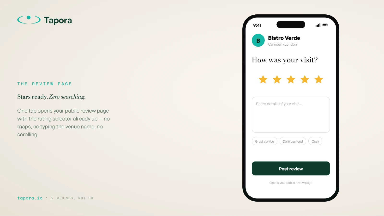 Phone screen — Google review page — Mobile screen showing a real Google review interface with the star selector at the top of the screen, post-tap.