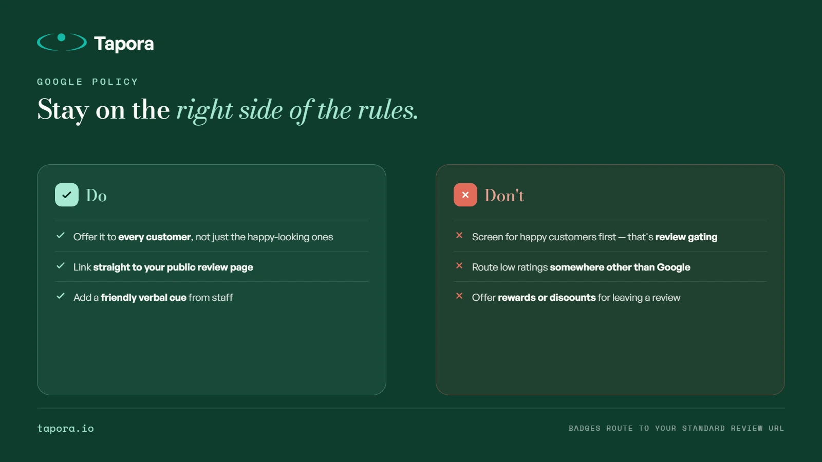 Compliance graphic — do/don't list — Visual list of Google review policy do's and don'ts. Brand-styled infographic.